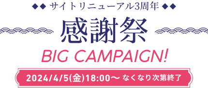 サイトリニューアル3周年 BIG CAMPAIGN!2024/4/5(金)18:00～なくなり次第終了