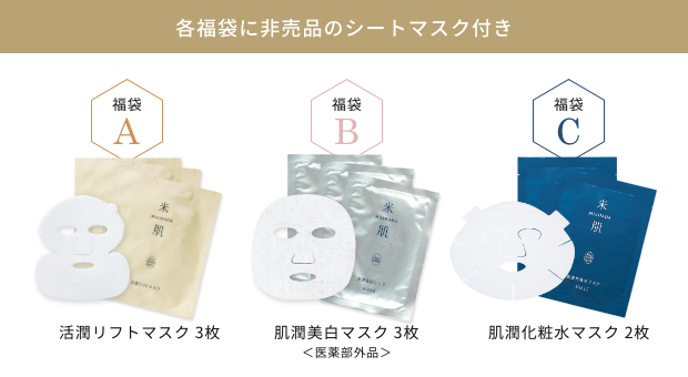 各福袋に非売品のシートマスク付き 福袋A:活潤リフトマスク 3枚 福袋B:肌潤美白マスク 3枚 福袋C:肌潤化粧水マスク 2枚