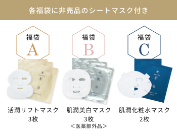 各福袋に非売品のシートマスク付き 福袋A:活潤リフトマスク 3枚 福袋B:肌潤美白マスク 3枚 福袋C:肌潤化粧水マスク 2枚