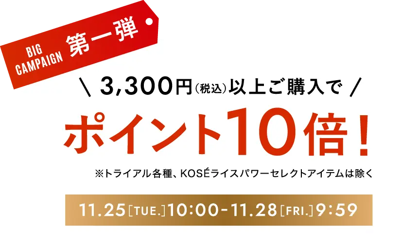 ビッグキャンペーン第一弾 3,300円（税込）以上ご購入でポイント10倍！※トライアル各種、KOSEライスパワーセレクトアイテムは除く 期間限定11月25日［火曜日］10時-11月28日［金曜日］9時59分まで