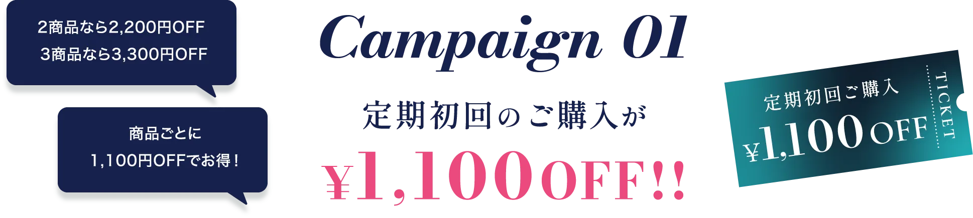 キャンペーン01 定期初回のご購入が1,100円オフ!! 2商品なら2,200円OFF3商品なら3,300円OFF 商品ごとに1,100円OFFでお得！