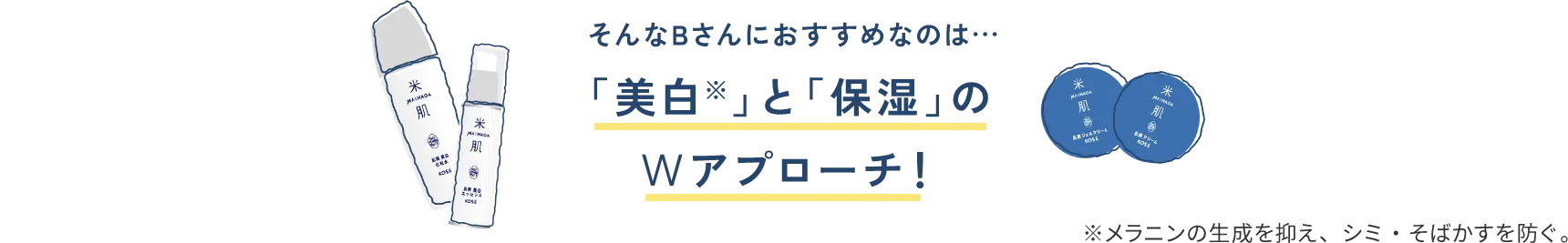 そんなBさんにおすすめなのは... 「美白※」と「保湿」のWアプローチ！ ※メラニンの生成を抑え、シミ・そばかすを防ぐ。