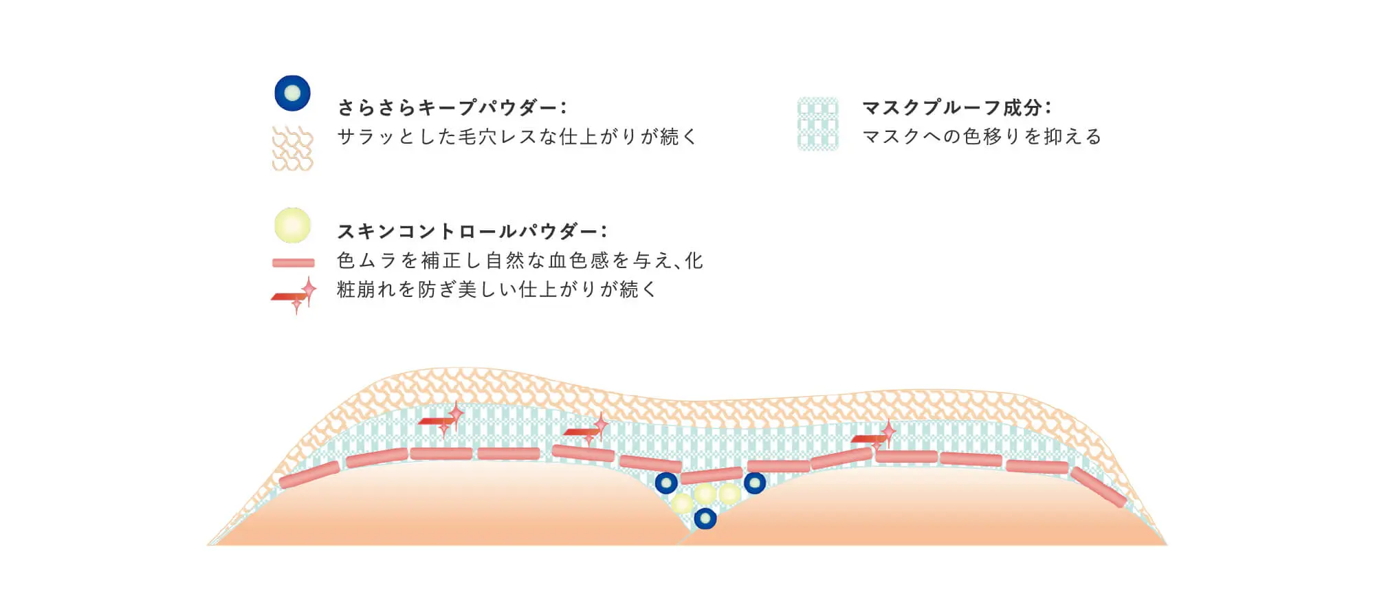 さらさらキープパウダー：サラッとした毛穴レスな仕上がりが続く スキンコントロールパウダー：色ムラを補正し自然な血色感を与え、化粧崩れを防ぎ美しい仕上がりが続く マスクプルーフ成分：マスクへの色移りを抑える