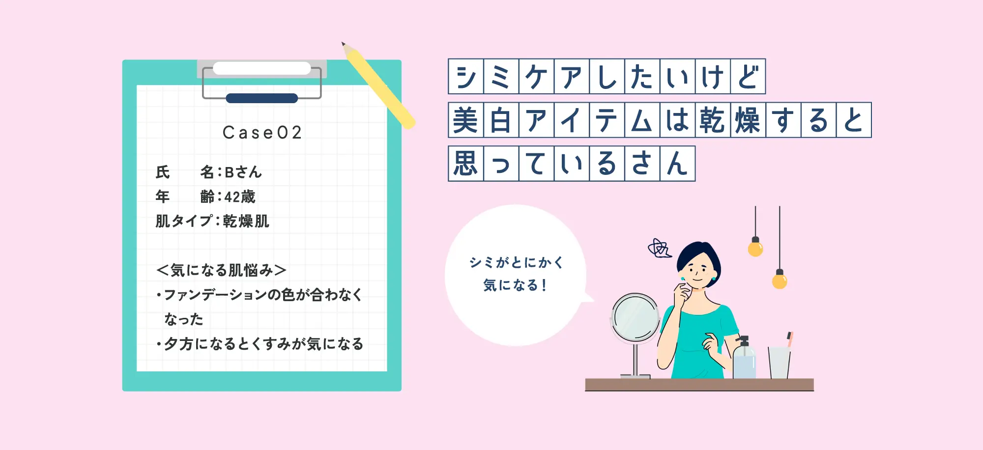 氏名：Bさん年齢：42歳肌タイプ：乾燥肌＜気になる肌悩み＞・ファンデーションの色が合わなくなった・夕方になるとくすみが気になる シミケアしたいけど美白アイテムは乾燥すると思っているさん 「シミがとにかく気になる！」