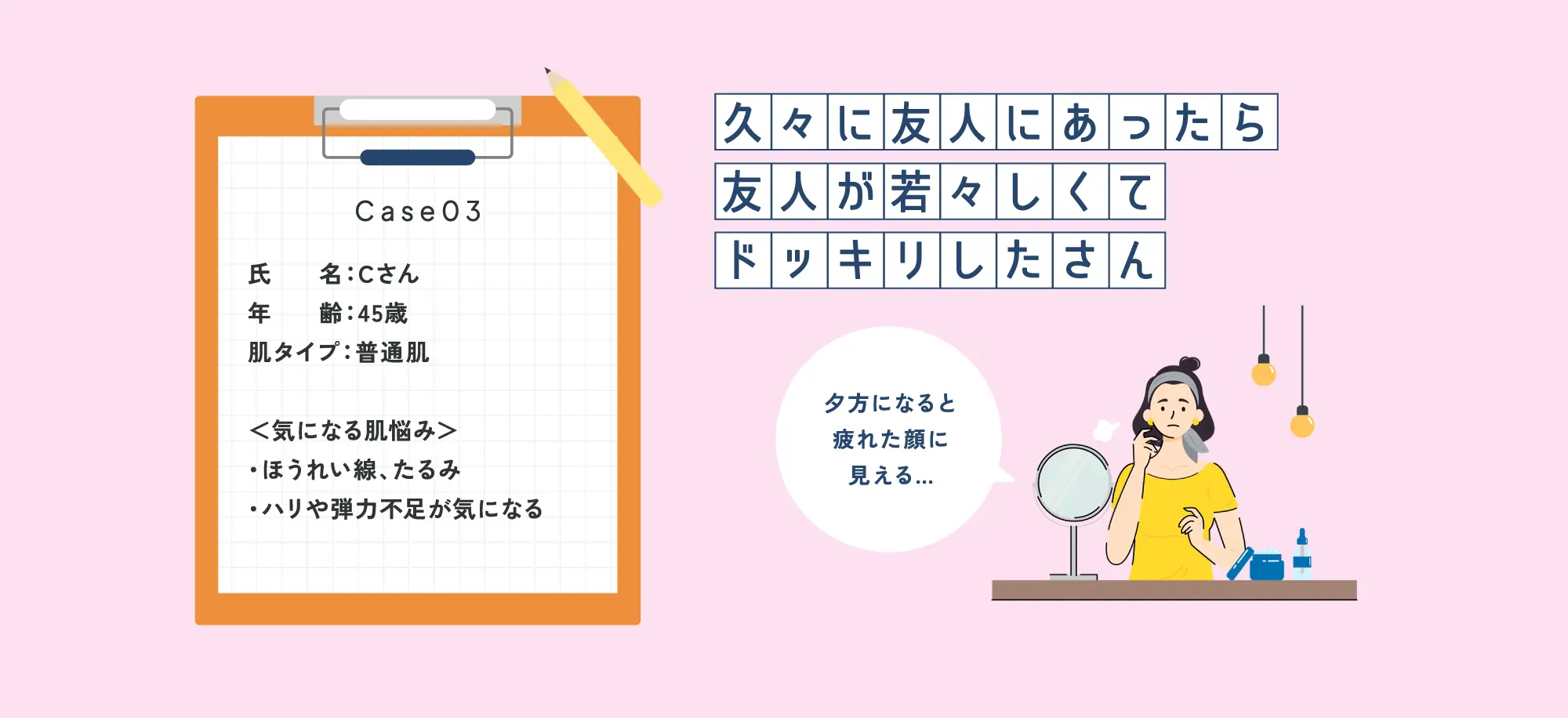 氏名：Cさん年齢：45歳肌タイプ：普通肌＜気になる肌悩み＞・ほうれい線、たるみ・ハリや弾力不足が気になる 久々に友人にあったら友人が若々しくてドッキリしたさん 「夕方になると疲れた顔に見える…」