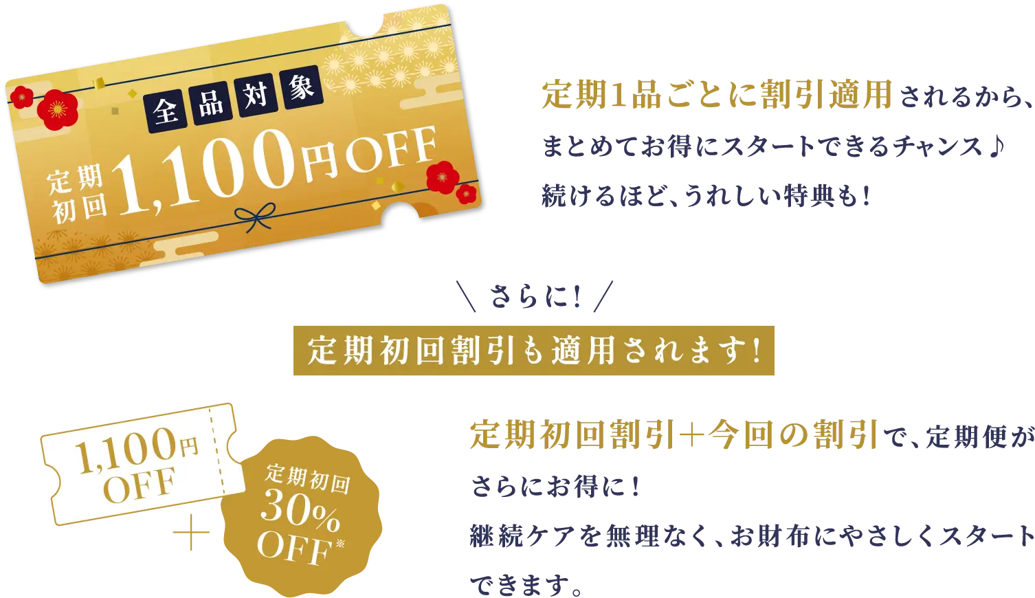 定期1品ごとに割引適用されるから、まとめてお得にスタートできるチャンス♪続けるほど、うれしい特典も！ さらに!定期初回割引も適用されます!定期初回割引＋今回の割引で、定期便がさらにお得に！継続ケアを無理なく、お財布にやさしくスタートできます。