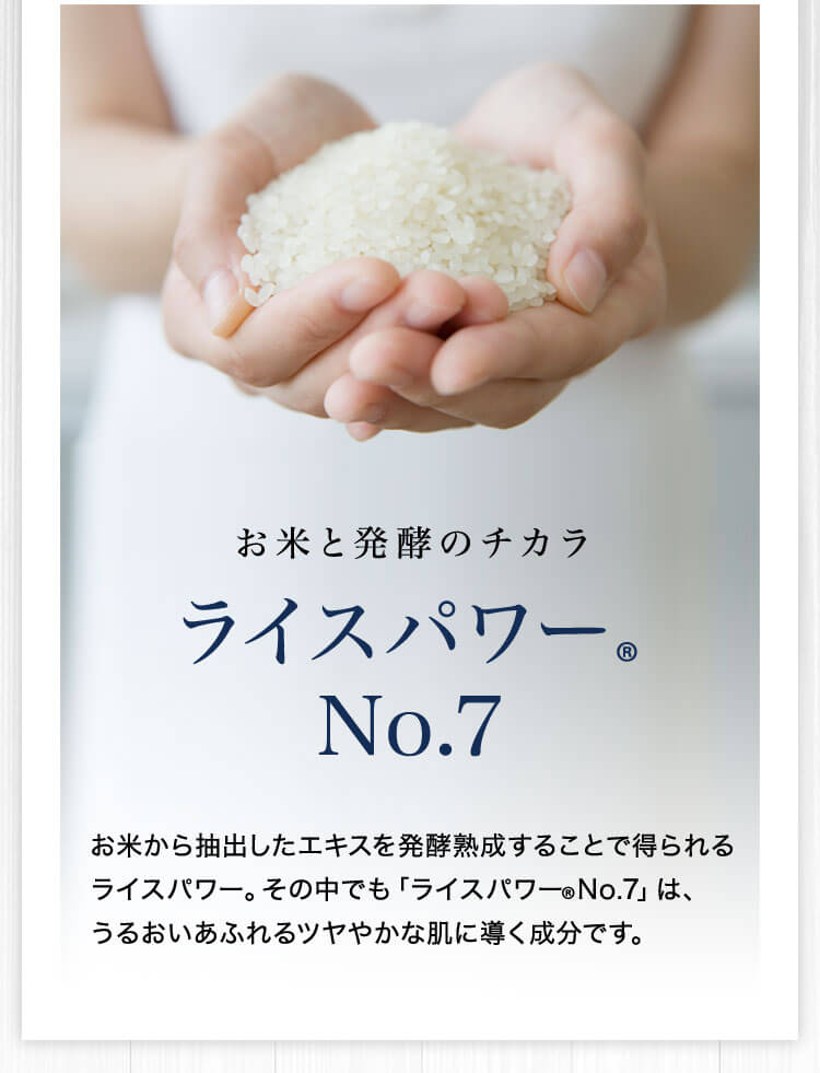 お米と発酵のチカラ ライスパワーNo.7 お米から抽出したエキスを発酵熟成することで得られるライスパワー。その中でも「ライスパワー®No.7」は、うるおいあふれるツヤやかな肌に導く成分です。